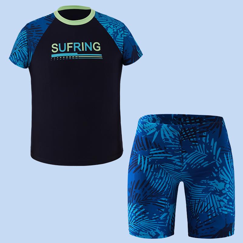 Plus Size 2025 Kids  Two-Piece Swimwear Set - Short Sleeve  Shorts for Chubby Boys 190