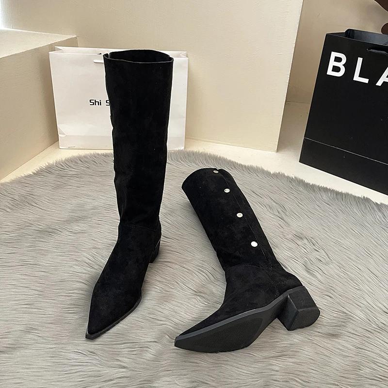 Vintage Women Western Cowgirl Boots Fashion Pointed Toe Slip On Shoes Autumn Winter Ladies Knight Long Booties