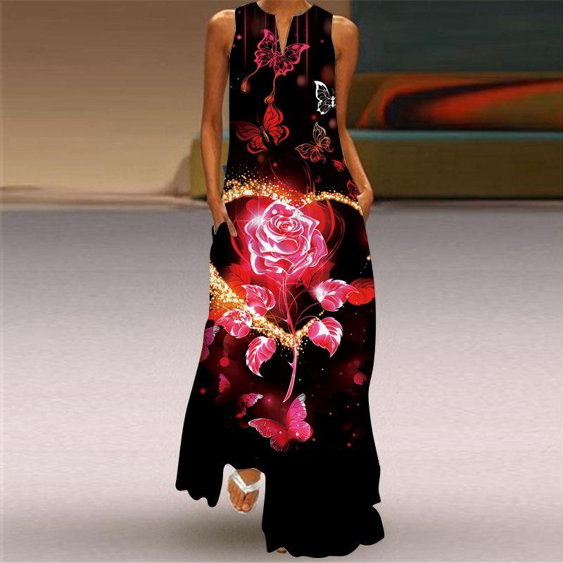 3D Three-Dimensional Print Dress Red Flower Tall Sleeveless Dress Beach Travel Photo Beach Dress