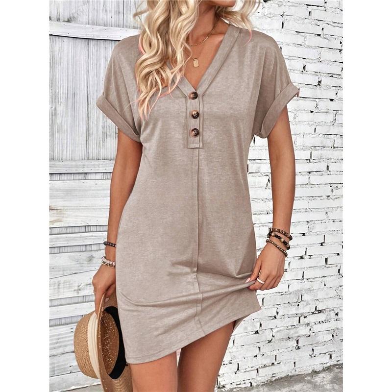 Fashion All-match Buckle V-neck One-shoulder Roll-sleeved Solid Color Dress