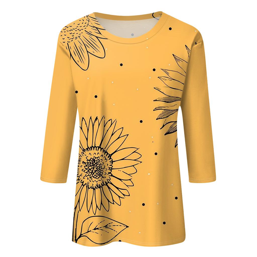 Round Neck 3D Printed Sunflower Pattern Top Fashionable Casual Long Sleeved Women's T-shirts