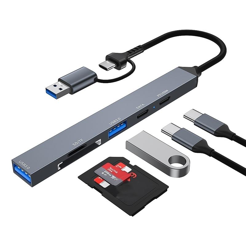 6 in 1 Portable Multi Port Type USB C HUB Adapter USB + Type-C to PD100W + USB3.0/2.0 + SD/TF HUB Docking Station