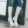 Stivali Lunghi Sexy Donna Plateau Tacchi Alti Sottili Stivali Alti al Ginocchio 2024 Inverno Stringati Rosso Nero Bianco Feticcio Scarpe da Festa Taglia Grande