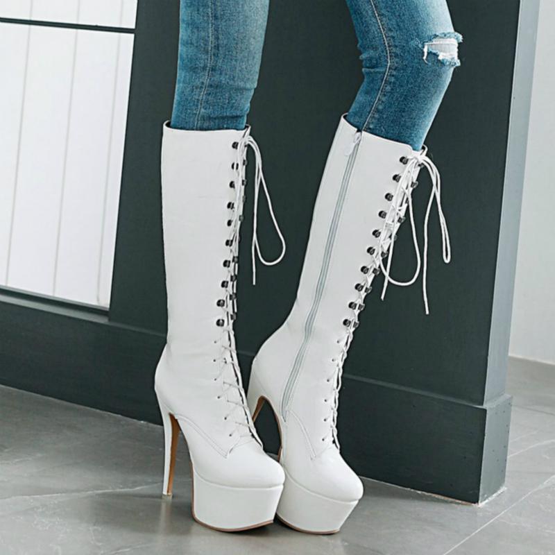 Stivali Lunghi Sexy Donna Plateau Tacchi Alti Sottili Stivali Alti al Ginocchio 2024 Inverno Stringati Rosso Nero Bianco Feticcio Scarpe da Festa Taglia Grande