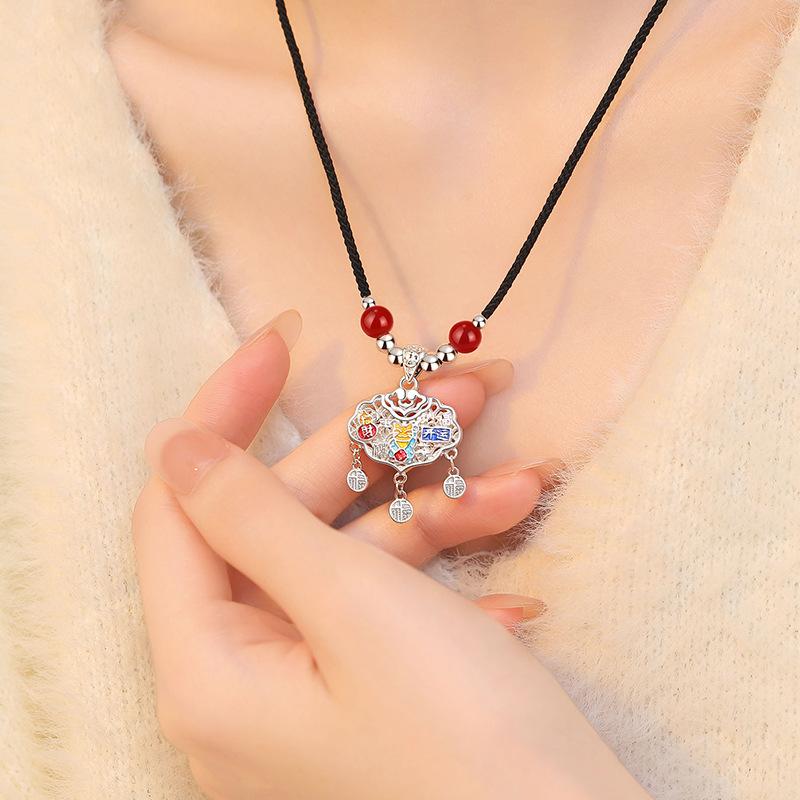 Lucky Luck Ruyi Lock Necklace, National Style, Lucky Character, National Tide Pendant, Braided Rope Item, Jewelry Gift