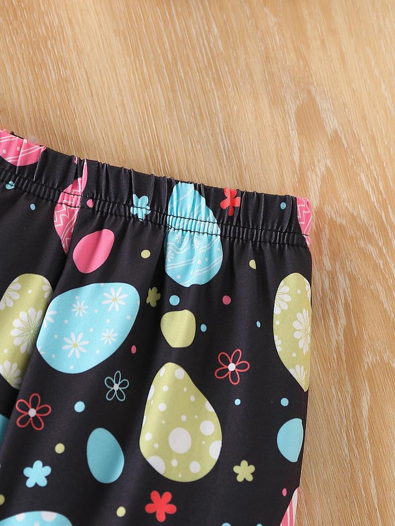 Toddler Girl Summer Outfit 1-6 Years Old Pink Rabbit Top with Black Easter Egg Print Bell Bottom Pants Cute Casual Set