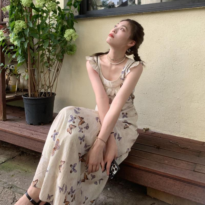 Summer 2025 Fashion Print Bufferfly Casual Long Dress Women Fashion Chic Ruffled Square Collar Dress Korean Elegant Bodycon Robe