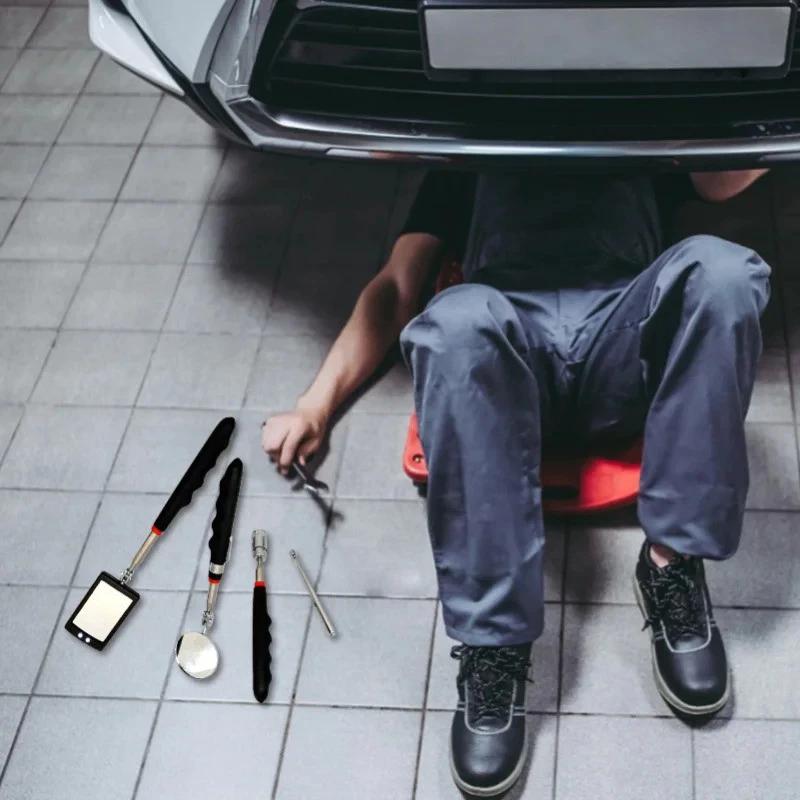 Car 360° Mirror LED Light Telescoping Mirrors Extend Mechanic Tools Inspection Mirror Telescopic Handle Repairing Tools