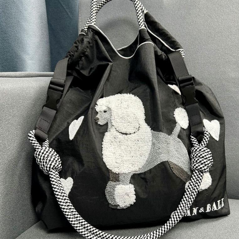 2024 Japanese-Style Cute Dog Embroidered Nylon Eco-Friendly Shoulder Shopping Bag