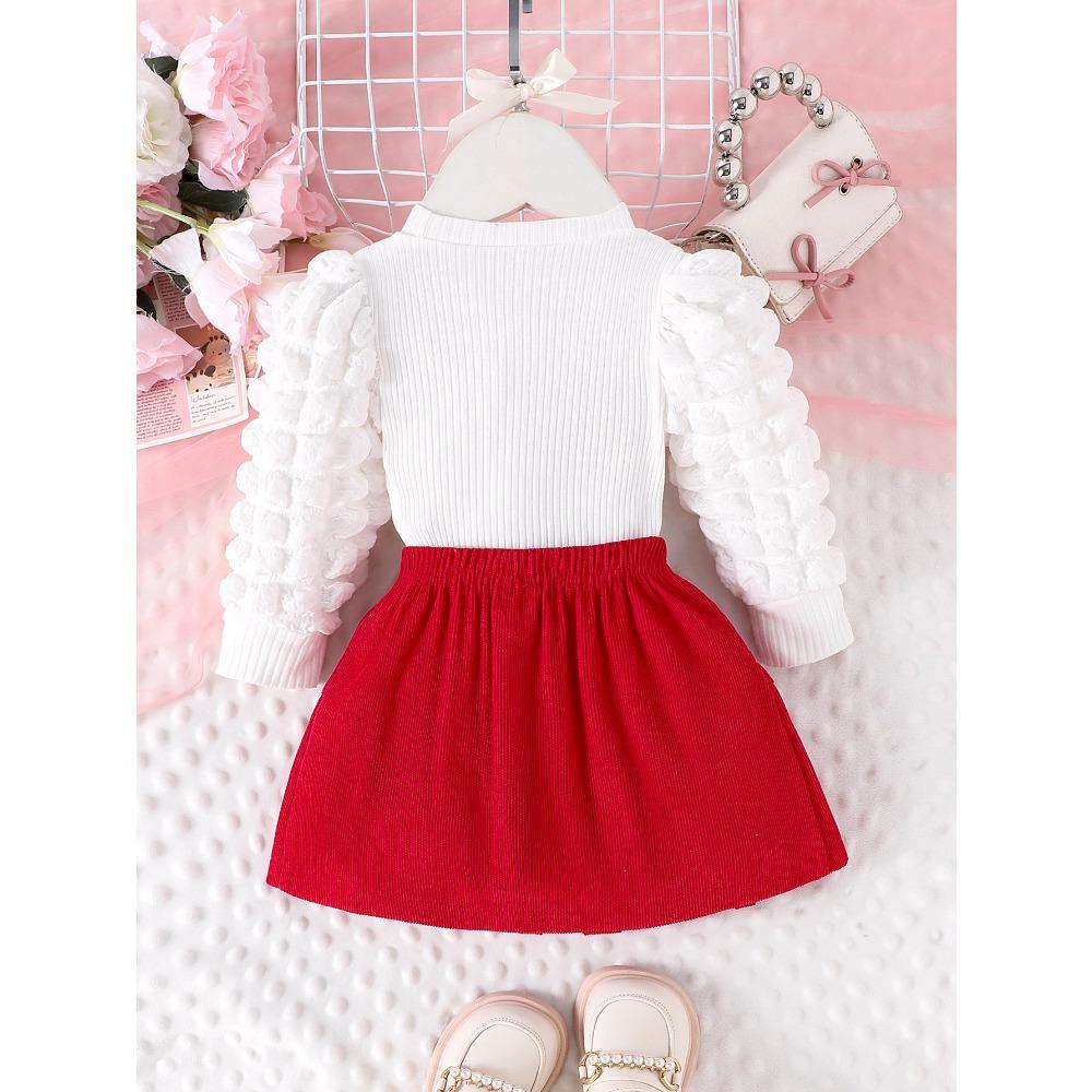 Children's Sweet Suit Spring and Autumn Girls Bubble Sleeve Love Top + Bow Skirt 2pcs Kids 6M-3Y Clothing