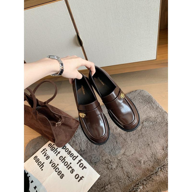 Cowhide Version~ Genuine Leather Versatile Round Head Small Gold Buckle One Pedal Thick Heel Loafu Small Leather Shoes Women's Autumn