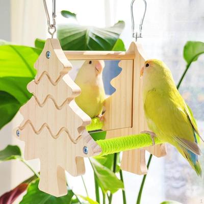 Perroquet Miroir Double Face Support Cage Accessoire Décor Debout Mastication Suspendu Bois Oiseau