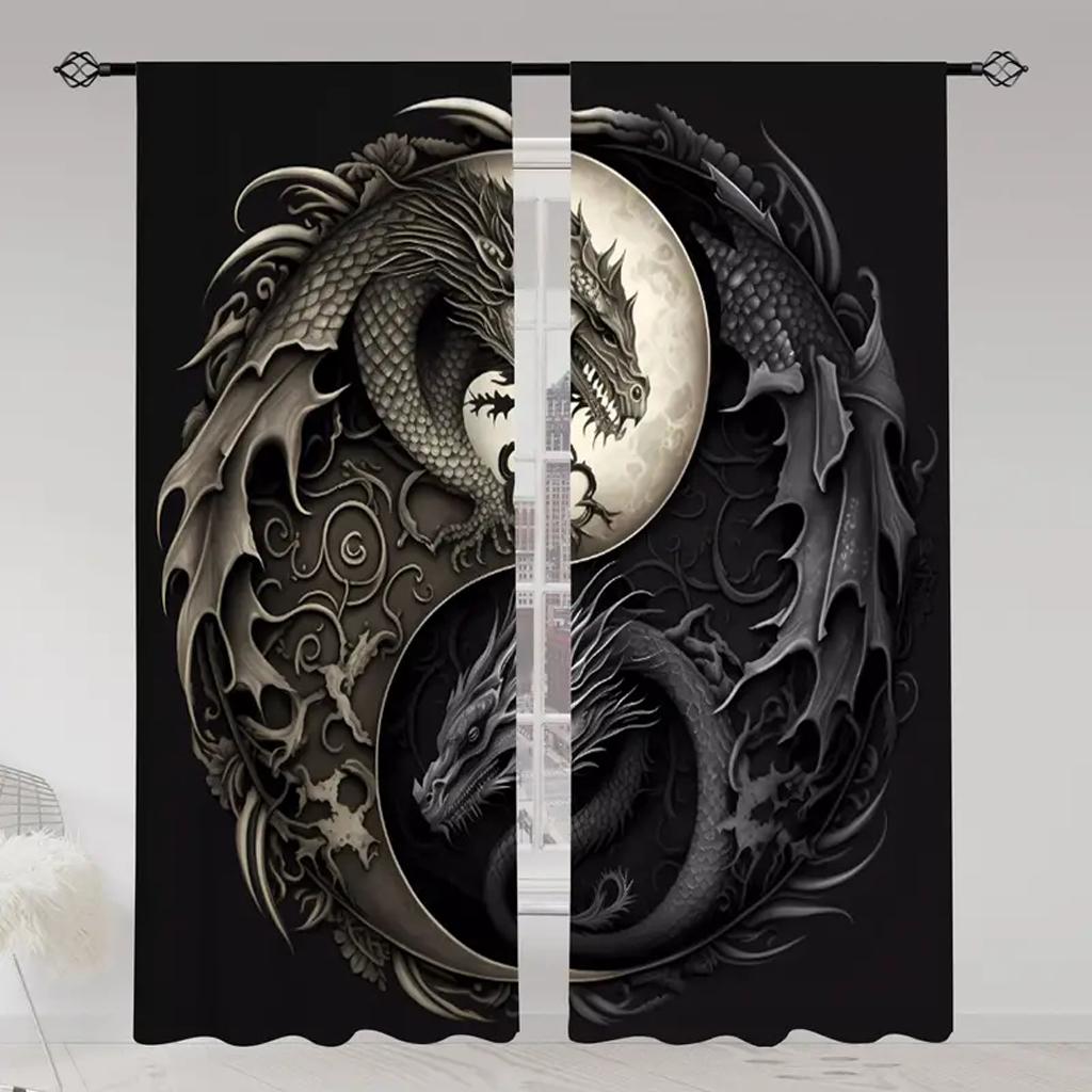 2 PCS Chinese Happy New Year Dragon Pirnt Curtains, 3D Print Window Curtains for Living Room Bedroom Red and Gold Free Shipping