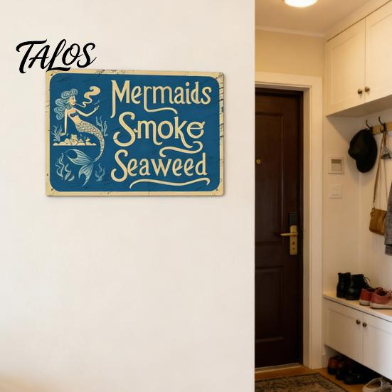 Handcrafted Metal Sign Mermaids Smoke Seaweed Rustic Wall Vintage Decorative Funny Doorbell Retro Nautical Art for Bedroom Living Room Coastal