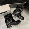 Belt buckle locomotive boots trouser tube short boots women's autumn and winter new thick heel medium tube rivet knight boots Martin boots