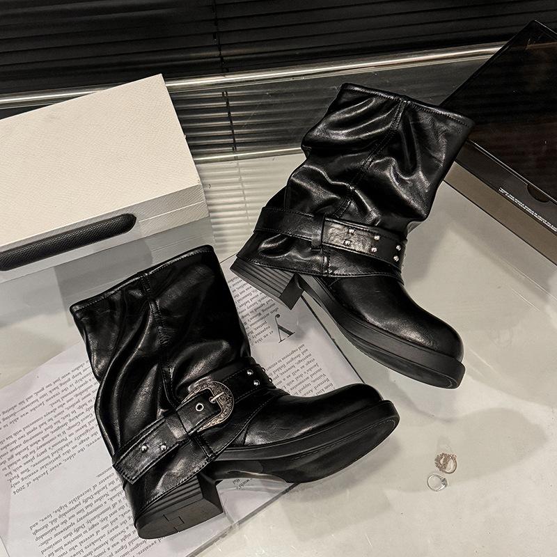 Belt buckle locomotive boots trouser tube short boots women's autumn and winter new thick heel medium tube rivet knight boots Martin boots