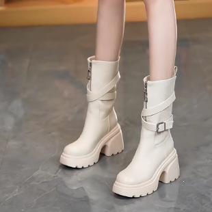 Soft leather thick-soled small thick-heeled short boots women's Martin boots 0000 autumn and winter new high-heeled belt buckle medium boots