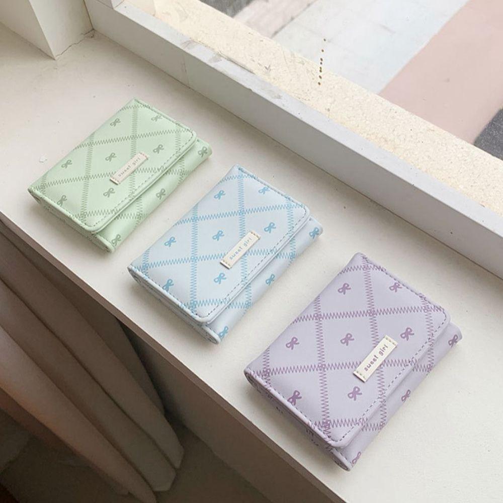 Portable Sweet Bow Wallet Three Fold Mini Cute Card Holder Coin Purse Flower Design Lightweight Leather Card Holder Girl