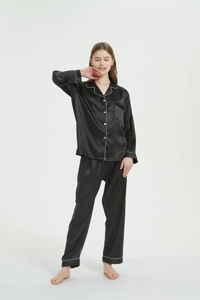 KUMASEN Silk and Satin Pajama Long Open Size M Women's Set, Loungewear, Sleeves, Front, Black,