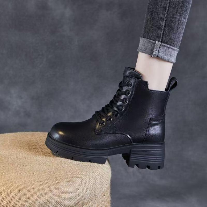 New Martin Boots Women's Shoes, Retro Soft Leather Single Boots, Thick-soled Height-increasing Boots with Fleece