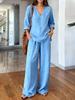 New 2026 Solid Color V-Neck Pullover & Long Sleeve Casual Pants Washed Cotton Two-Piece Set