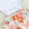 Baby Girls Summer Casual Outfit Sets White Short Sleeve Letter Print Romper + Floral Flared Pants + Headband
