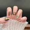 Sunset Gold Maillard Plaid Cat Eye Nails with Hand-Painted Diamonds