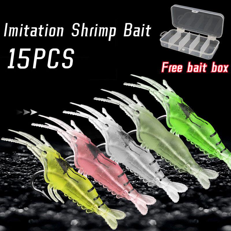 15Pcs Pvc Shrimp Lures Multicolor Soft Luminous Shrimp Bait Set Fishing Lure With Sharp Hook