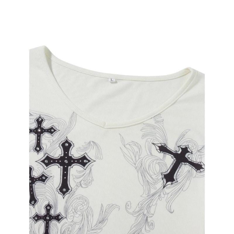 2KWEIRD Y2k Graphic Cross Wings Print Long Sleeve Women Grunge Fairy T-shirt Harajuku Tee 2000s Aesthetic Punk Style Clothes Streetwear