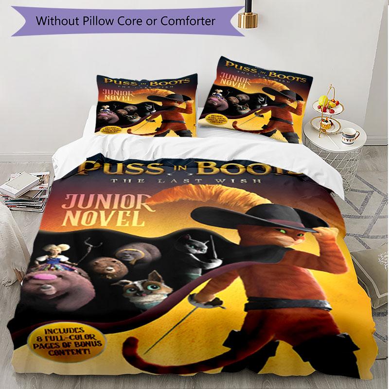 3pcs Duvet Cover Set (1*Duvet Cover + 2*Pillowcase, Without Core), Puss In Boots Print Soft All‑Season Bedding Set, Home Bedroom Decor Gift