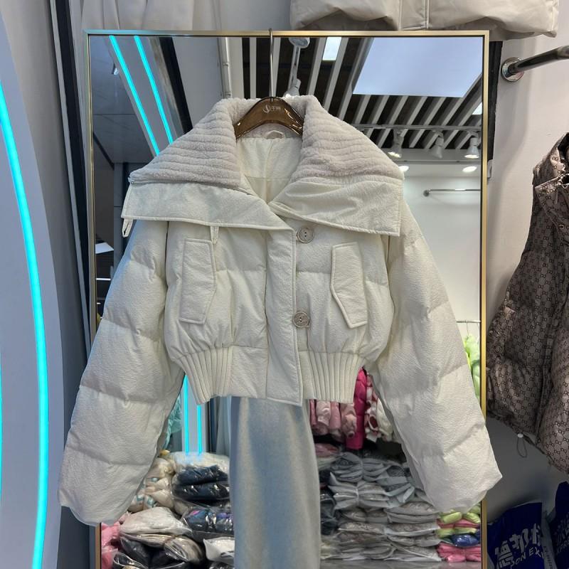 Womens Short Puffer Jacket Winter Warm Thick Loose Cotton-Padded Coat With Stand Collar Zip Front Pocket Design
