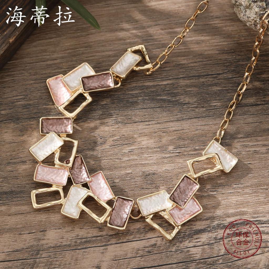 New color painting oil geometric hollow square neck chain personalized women's high sense irregular necklace