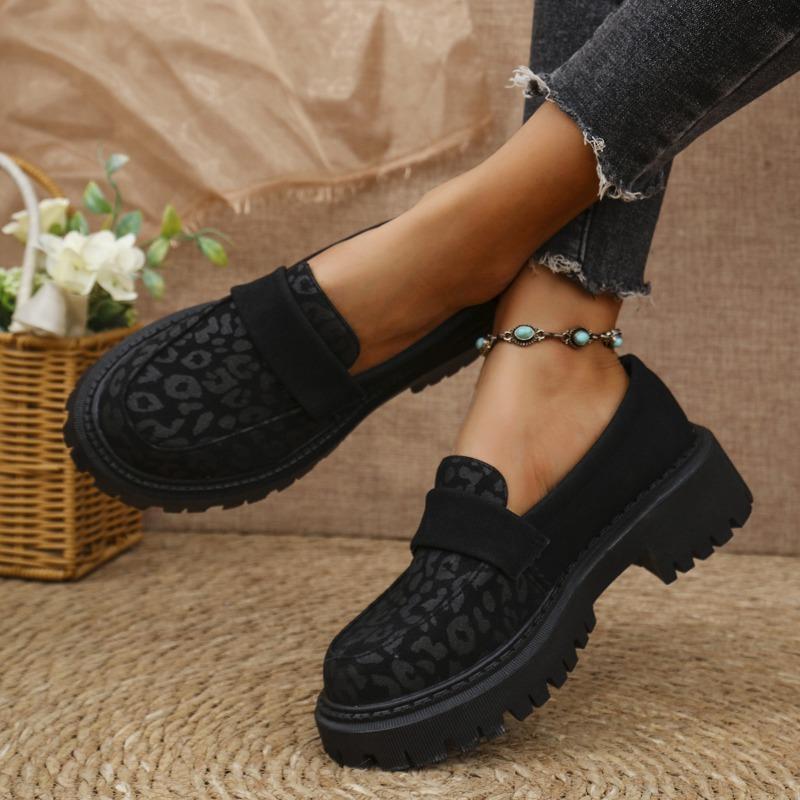 Women's Leopard Print Loafers New Platform Block Heel Fashion British Style Small Leather Shoes