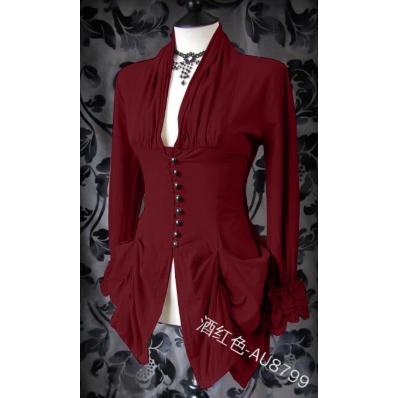 

Летняя женская однотонная футболка с V-образным вырезом и длинными рукавами на пуговицах в стиле темперамент M бордовый