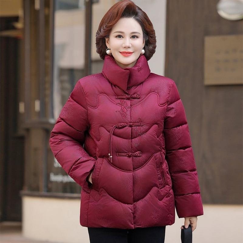 Women's Winter Cotton-padded Clothes, Disc-buckled Embroidered Down Cotton-padded Clothes, Medium and Old Women's Short Styles
