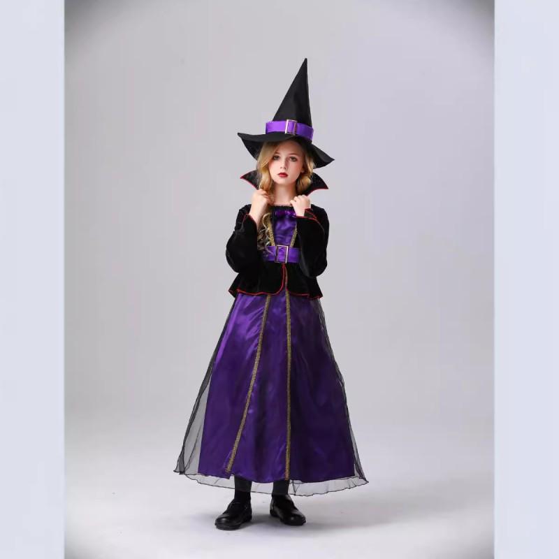Kids Halloween Witch Costume Girls Stage Performance Dress Cosplay Party Outfit Purple