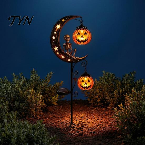 Solar Halloween Garden Lights White Ghost Pumpkin Moon Stake Light, Waterproof LED Autumn Festival Pathway Ornaments Yard Decoration,