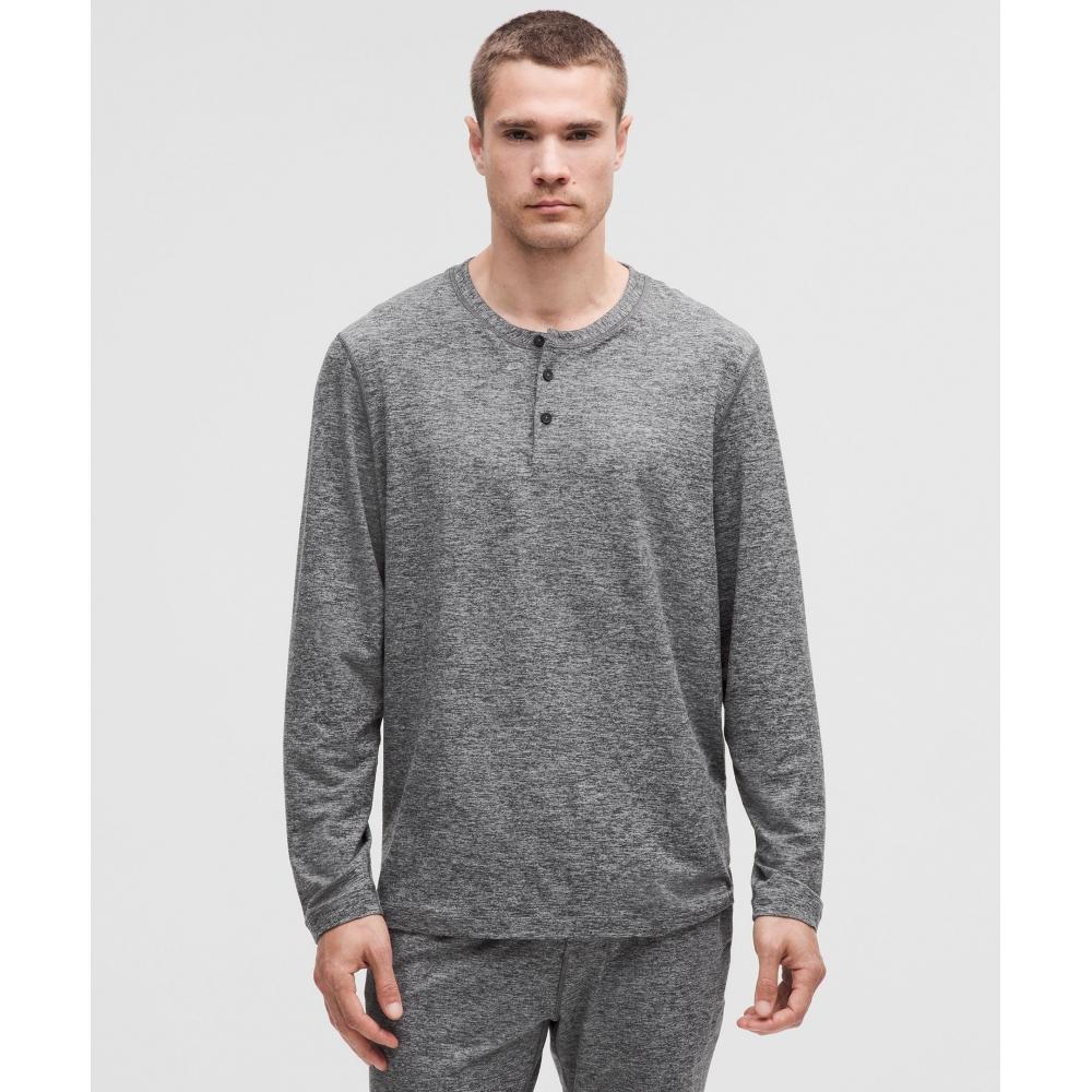 

Lululemon Soft Jersey Long Sleeve Henley Heathered Black Heathered Silver Drop XXL