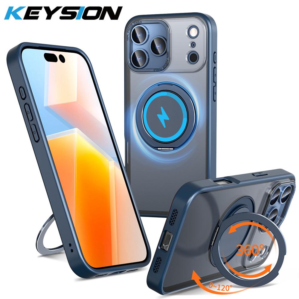 KEYSION Shockproof Matte Transparent Case for MagSafe for iPhone 17 Pro Max 360° Rotating Magnetic Ring Stand Phone Back Cover
