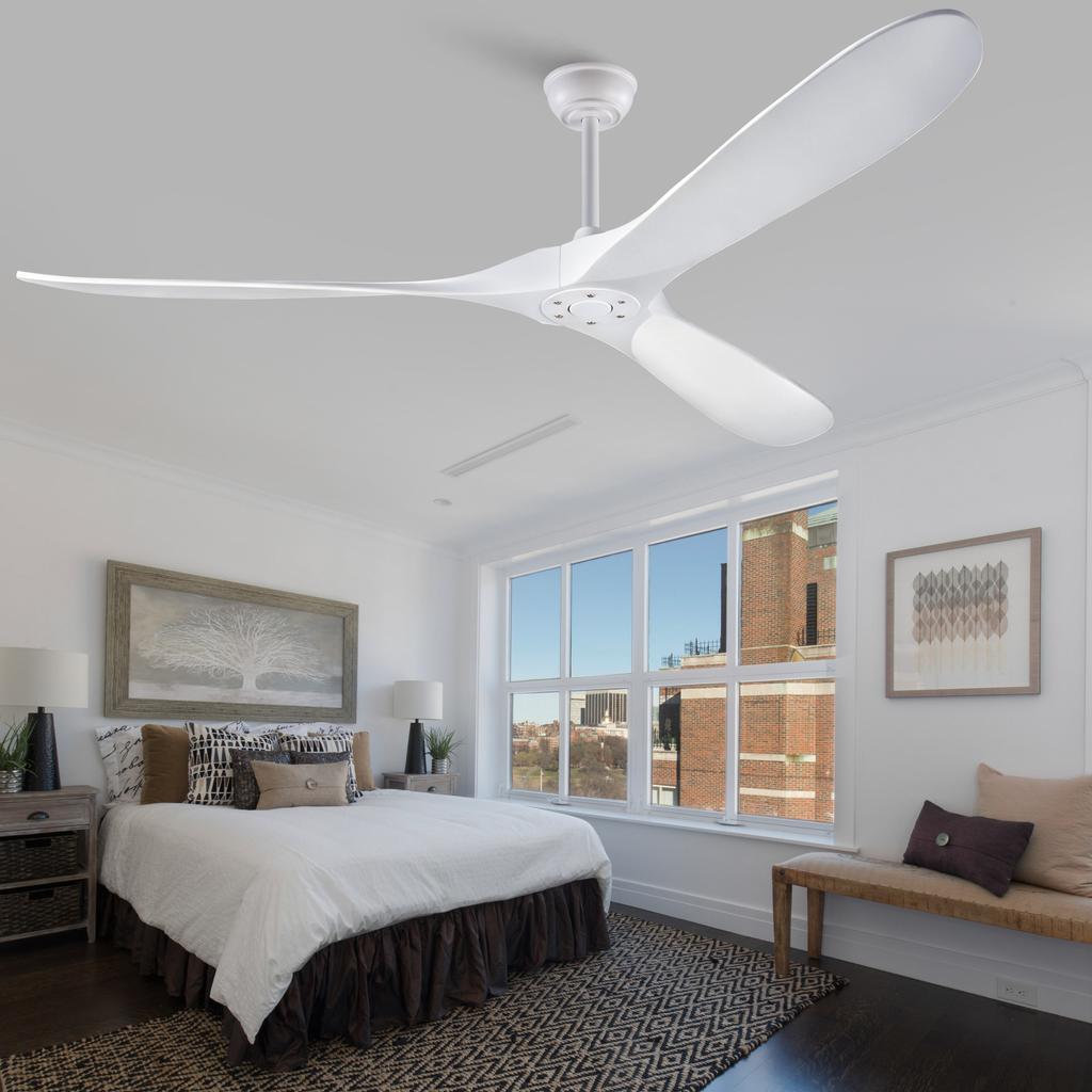 Ventilatore da soffitto da 70 pollici bianco, 3 pale in legno massello, senza illuminazione, con telecomando, funzionamento reversibile a 6 velocità e funzione di memoria della velocità