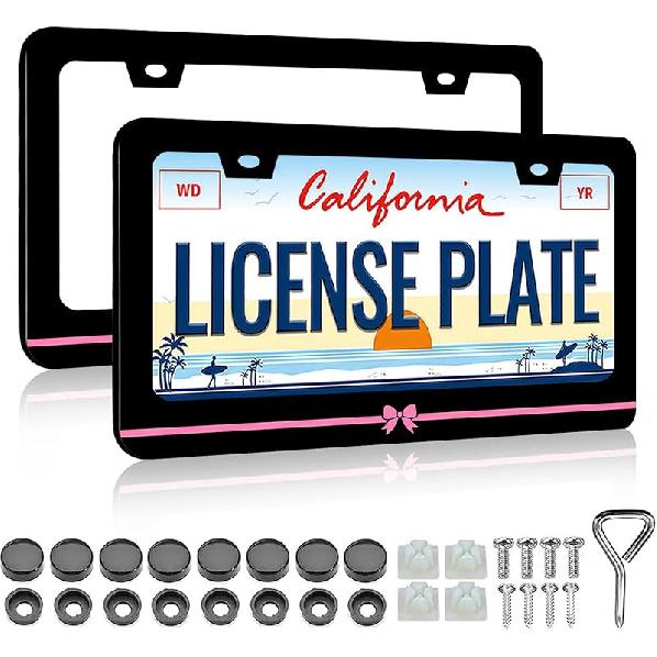 Cute Pink Strawberry License Plate Frames Holder - 2 Pack Fruit Pattern License Plate Holder Universal Aluminum Metal Rust-Proof Waterproof Car