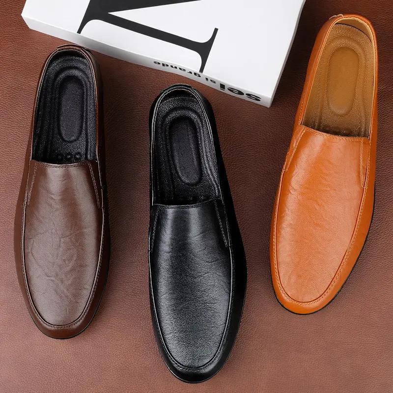 Men's Leather Casual Shoes Breathable Slip On Lazy Driving Shoes High-end Office Fashion Shoes