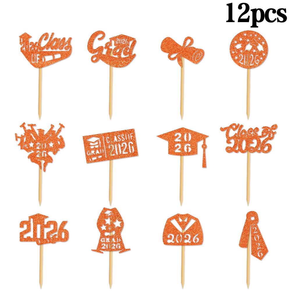 

12Pcs Glitter Class of 2026 Cupcake Toppers Graduation Cap Diploma Cake Picks Graduation Party Decorations Supplies оранжевый
