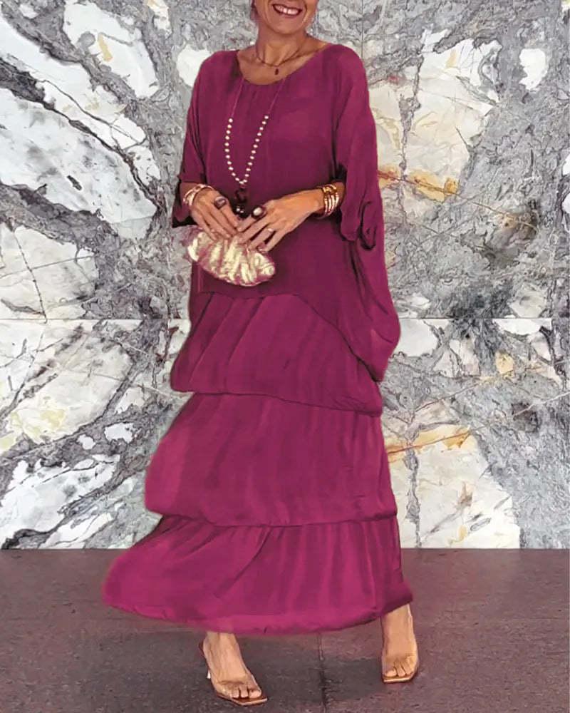 2024 Chiffon Mesh Bat Sleeve Round Neck Long Dress