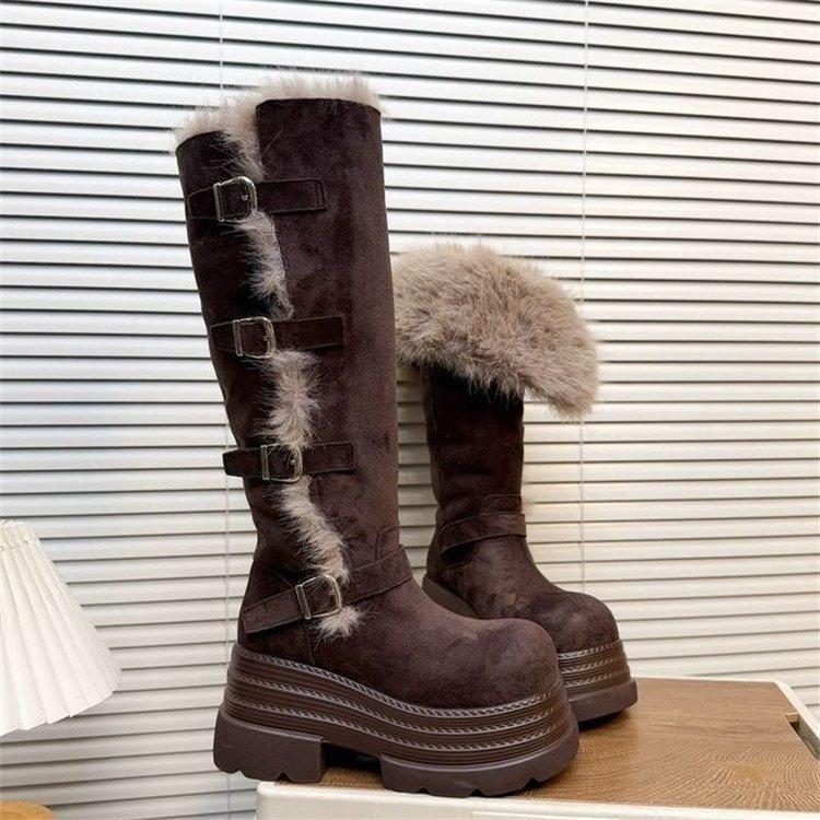 Retro Long Tube Two Wear Martin Boots Thick-soled Velvet Snow Boots Thin Buckle Knight Boots