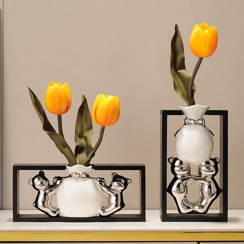 

Ceramic Vase Silver Bear Cartoon Cut-out Crafts Flower Vase Flower Arrangement Accessories Terrarium Home Decoration Accessories