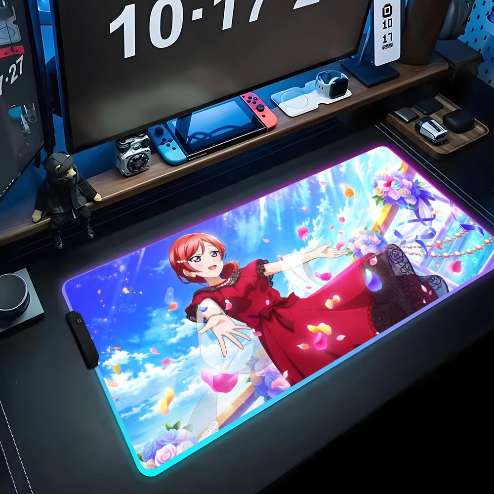 maki nishikino Mouse Pad RGB Gaming Mousepad Big LED Pad PC Desk Mat Luminous Mouse Pad Large Keyboard Mats Table Rug With