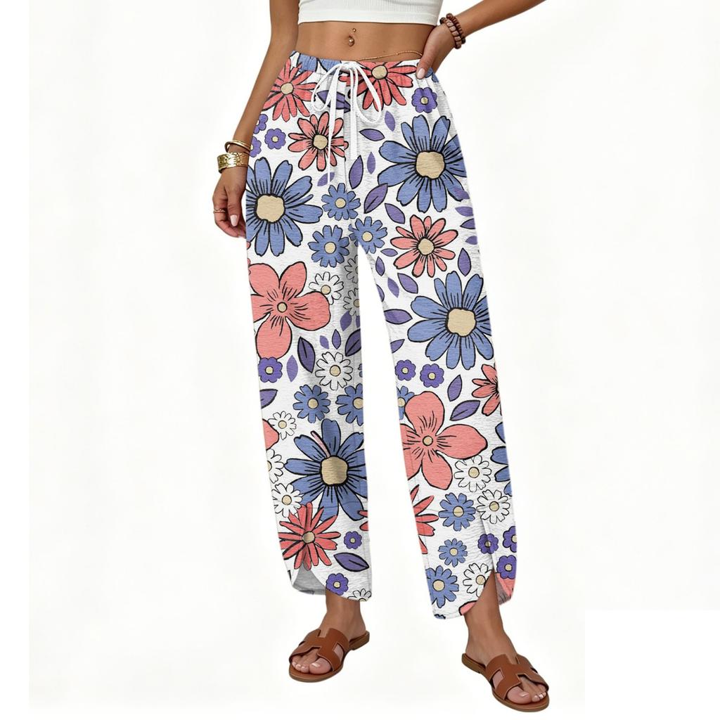 Women’s Casual Loose Straight Leg Wide Leg Pants Drawstring Waistband Printed Trousers Lightweight Relaxed Fit for Daily Wear