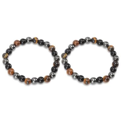 2 Pcs Black Natural Stone Bracelet High Elasticity Triple Protection Tiger Eye Stone Wealth