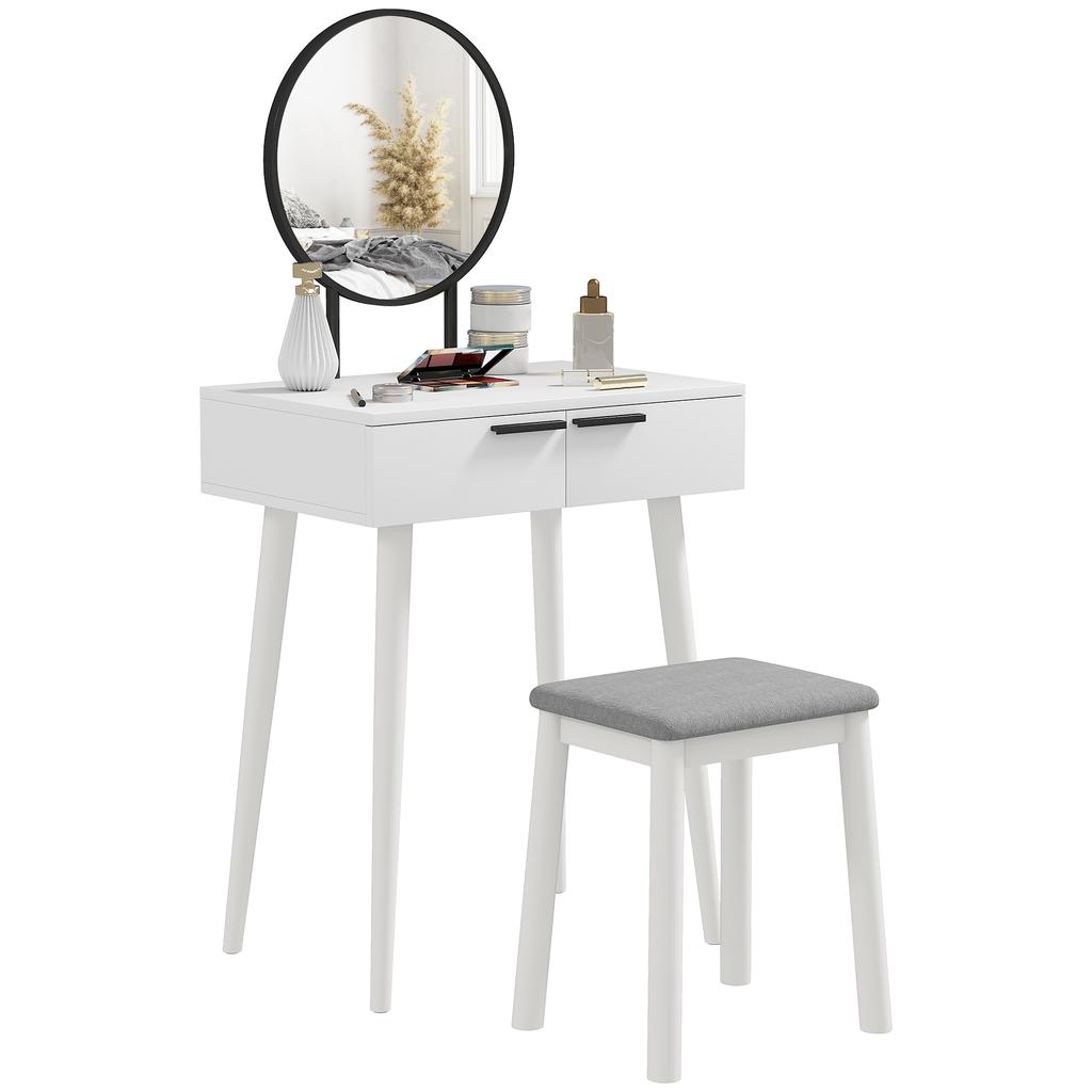Modern Dressing Table with Round Mirror and Stool, Makeup Vanity Table with 2 Drawers for Bedroom, Living Room, 60 x 40 x 123 cm, White